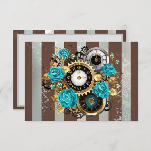 Cartons Réponse Steampunk Clock and Turquoise Roses on Striped (Devant / Derrière)