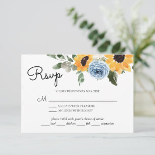 Cartons Réponse Sunflower Dusty Mariage bleu avec choix de repas