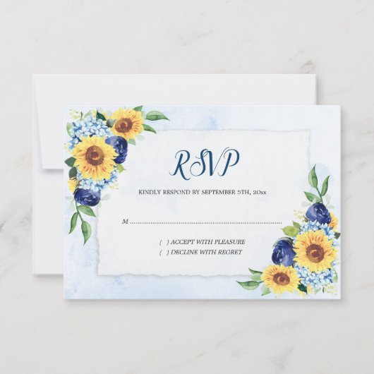 Cartons Réponse Sunflower Hydrangea Blue Watercolor Mariage (Devant)