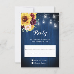 Cartons Réponse Sunflower Navy Blue Jar Lumières Floral Mariage