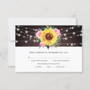 Cartons Réponse Sunflower Rose Roses Lumières Bois Mariage Repas