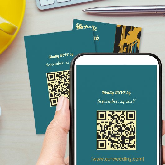 Cartons Réponse Sunflower Teal Blue Gold Modern QR Code Wedding 