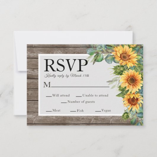 Cartons Réponse Sunflowers Rustic Wood Mariage Website QR Code RSV (Devant)