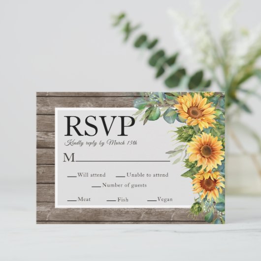 Cartons Réponse Sunflowers Rustic Wood Mariage Website QR Code RSV (Debout devant)