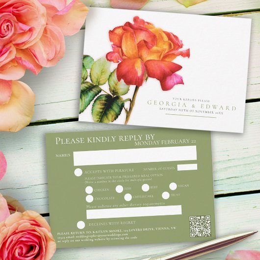 Cartons Réponse Tea rose aquarelle mariage QR code repas vert