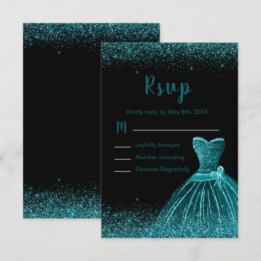 Cartons Réponse Teal Blue Dress Faux Glitter Quinceanera (Devant / Derrière)