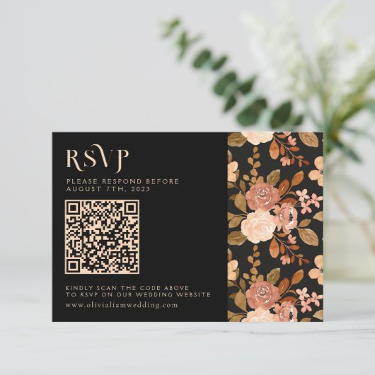 Cartons Réponse Terracotta Black Floral Automne QR Code Mariage (Debout devant)