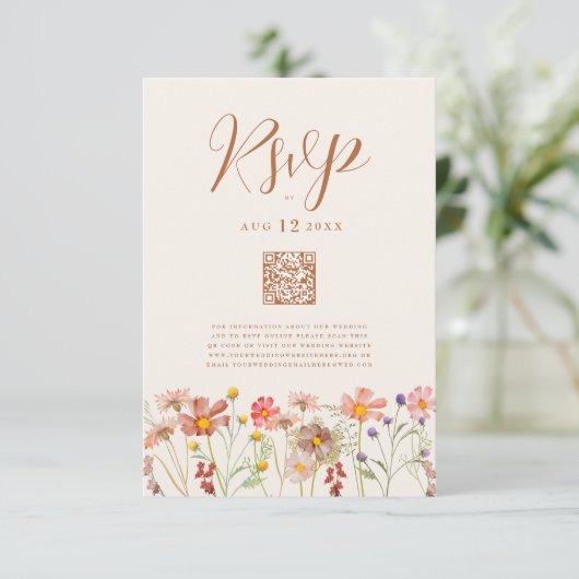 Cartons Réponse Terracotta Boho Fall Floral mariage QR Code (Debout devant)