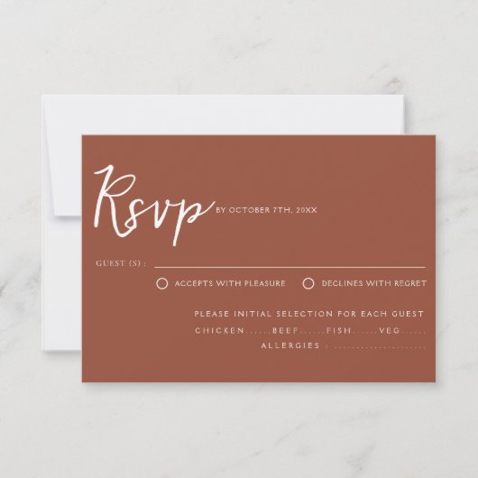 Cartons Réponse Terracotta Burnt Orange Script Repas Choix Mariage (Devant)