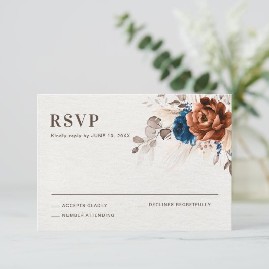 Cartons Réponse Terracotta Marine Bleu Pampas Grass Mariage rustiq (Debout devant)