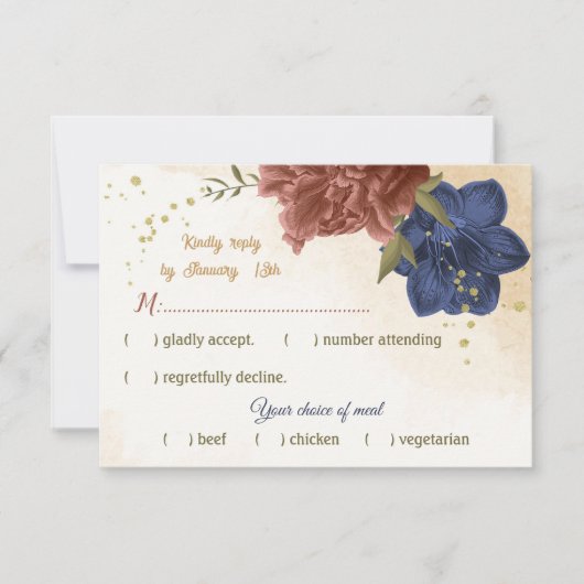 Cartons Réponse terre cuite bleu marine floral vert choix de repas (Devant)