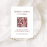 Cartons Réponse Texte blanc et rouge foncé | Code QR Mariage<br><div class="desc">Cette carte de réponse de mariage de code QR scannable minimaliste et élégant présente du texte rouge foncé moderne sur un arrière - plan blanc,  pour un look simple et élégant. Vos invités peuvent facilement scanner le code pour visiter votre site mariage et rsvp en ligne.</div>