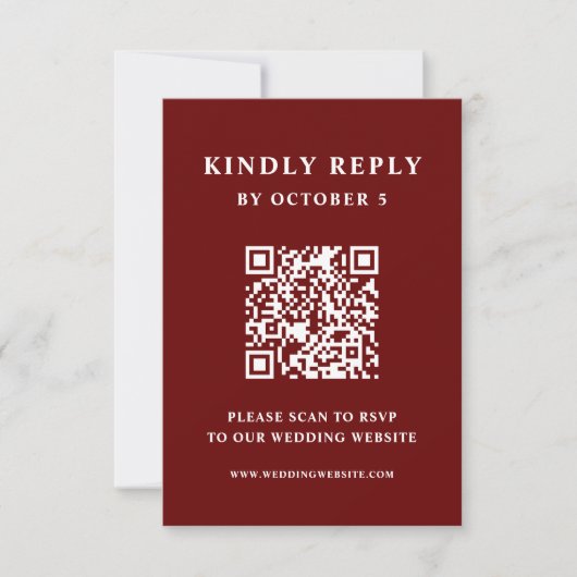 Cartons Réponse Texte élégant rouge foncé | Code QR Mariage (Devant)
