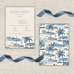 Cartons Réponse Toile de Jouy Côtière Classique Script Bleu Poussi
