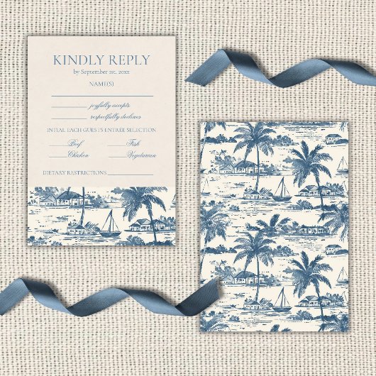 Cartons Réponse Toile de Jouy Côtière Classique Script Bleu Poussi
