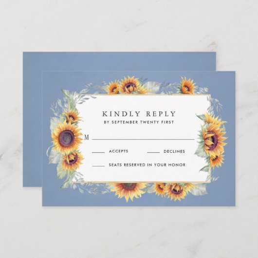 Cartons Réponse Tournesol bleu aquarelle Rustique Mariage à thème (Devant / Derrière)