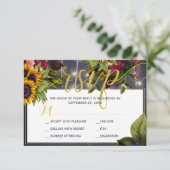 Cartons Réponse Tournesol et rose marine bordeaux rustique mariage (Debout devant)