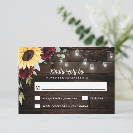 Cartons Réponse Tournesol et rose rouge bordeaux Mariage rustique (Debout devant)
