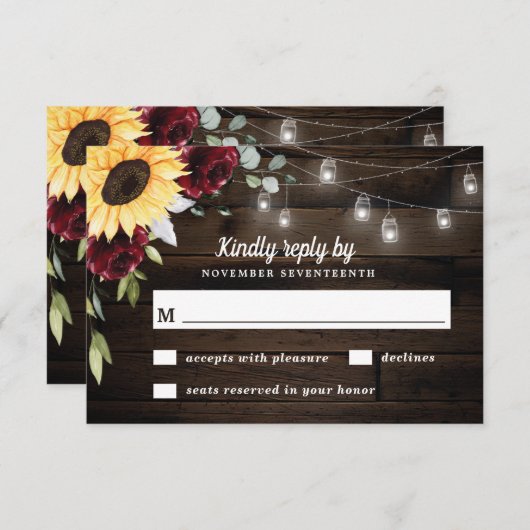 Cartons Réponse Tournesol et rose rouge bordeaux Mariage rustique (Devant / Derrière)
