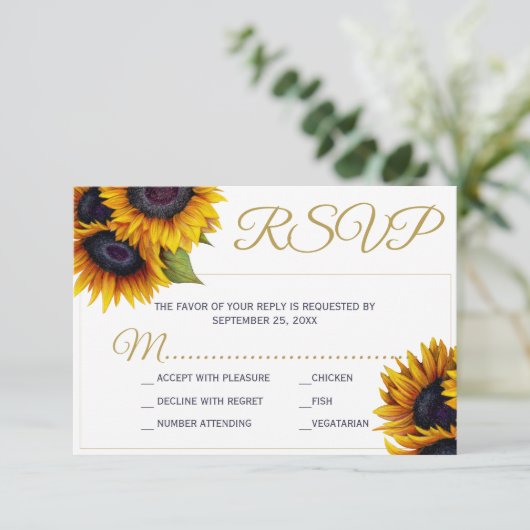 Cartons Réponse Tournesol rustique élégant script or chic mariage (Debout devant)