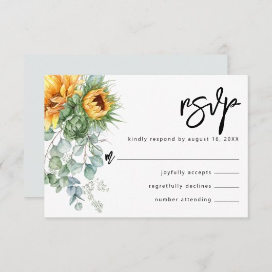 Cartons Réponse Tournesol rustique Eucalyptus Mariage vert (Devant / Derrière)