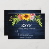 Cartons Réponse Tournesol rustique Mariage en bois bleu (Devant / Derrière)