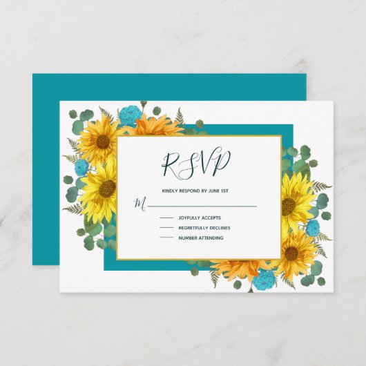 Cartons Réponse Tournesol rustique Turquoise Mariage campagnard Ro (Devant / Derrière)