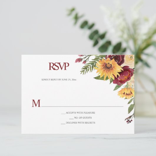 Cartons Réponse Tournesols rustiques et fleurs bordeaux (Debout devant)