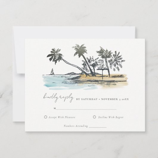 Cartons Réponse Tropical Beach Palm Tree Sketch Mariage d'aquarell (Devant)