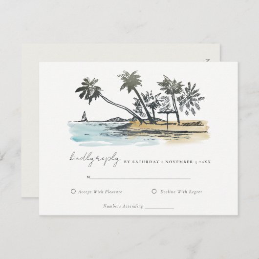 Cartons Réponse Tropical Beach Palm Tree Sketch Mariage d'aquarell (Devant / Derrière)