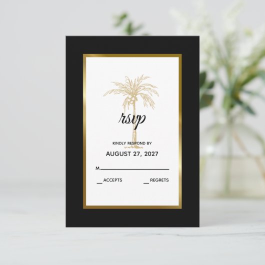 Cartons Réponse Tropical Black White Gold Palm Tree Mariage modern (Debout devant)