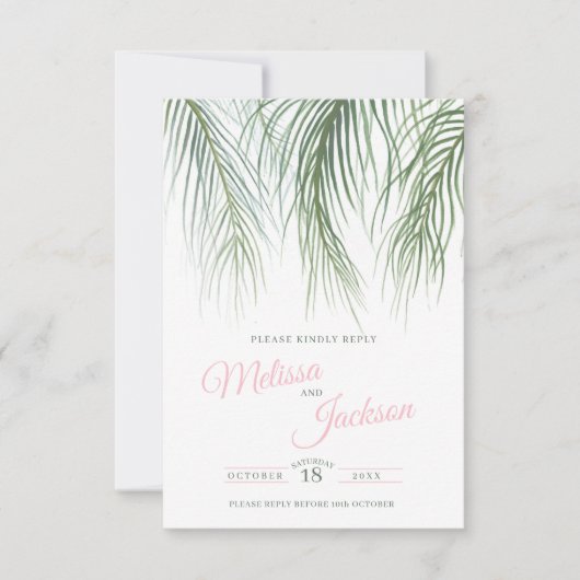 Cartons Réponse Tropical fronds feuillage vert rose mariage (Devant)