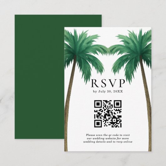 Cartons Réponse Tropical Palm Trees Minimal Beach Wedding QR Code (Devant / Derrière)