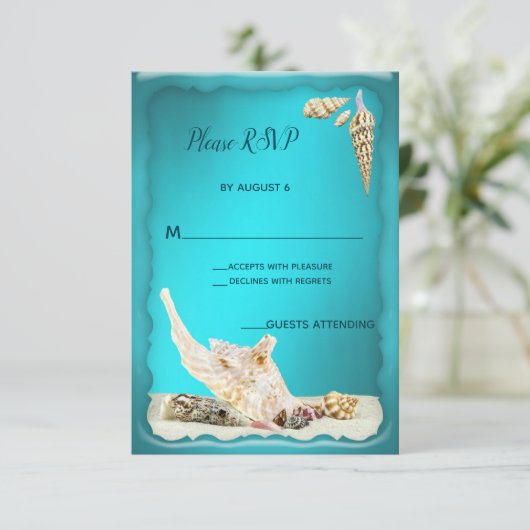 Cartons Réponse Turquoise Blue Aqua Turquoise Seashell Wedding RSV (Debout devant)