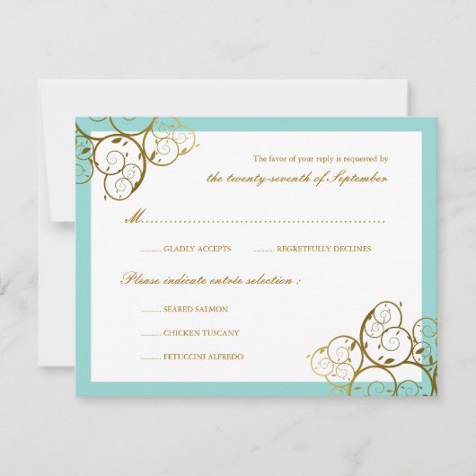 Cartons Réponse Turquoise & Classy Golden Spirals Mariage élégant (Devant)