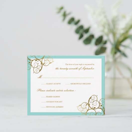 Cartons Réponse Turquoise & Classy Golden Spirals Mariage élégant (Debout devant)