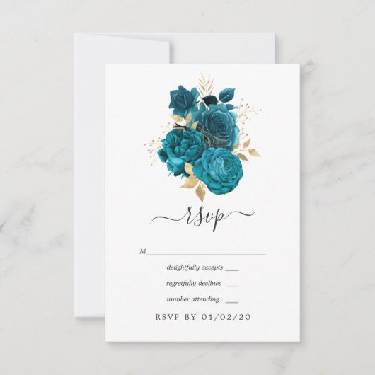 Cartons Réponse Turquoise - Mariage Floral Doré et Sarcelle (Devant)