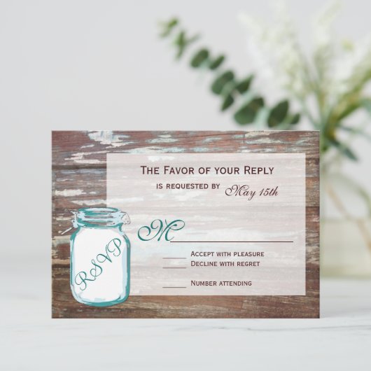 Cartons Réponse Turquoise Mason Jar Rustique Grange Bois Mariage R (Debout devant)
