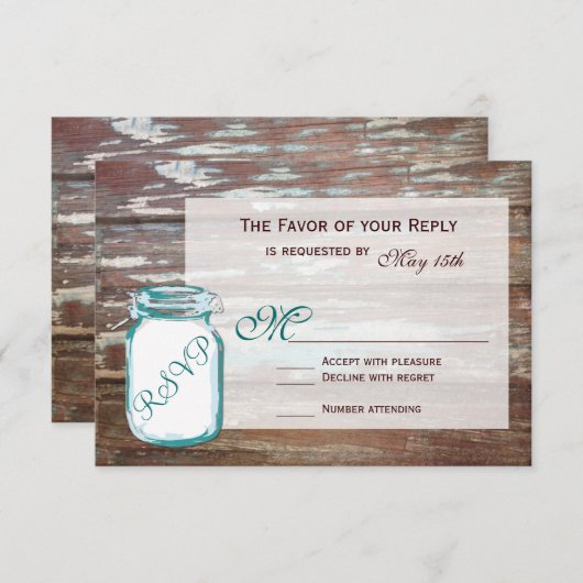 Cartons Réponse Turquoise Mason Jar Rustique Grange Bois Mariage R (Devant / Derrière)