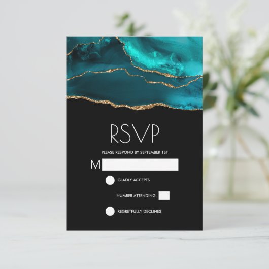 Cartons Réponse Turquoise moderne & Or Agate Pierre Mariage Abstra (Debout devant)