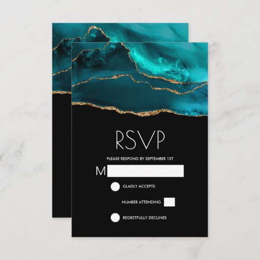 Cartons Réponse Turquoise moderne & Or Agate Pierre Mariage Abstra (Devant / Derrière)