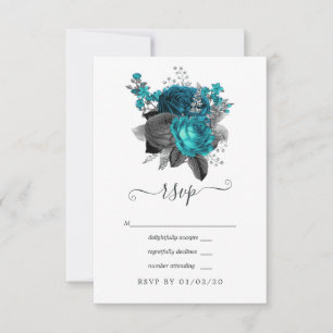 Cartons Réponse Turquoise - Sarcelle Mariage Fleur Noir et Argent