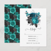 Cartons Réponse Turquoise - Sarcelle Noir et Fleurs de Mariage Arg (Devant / Derrière)