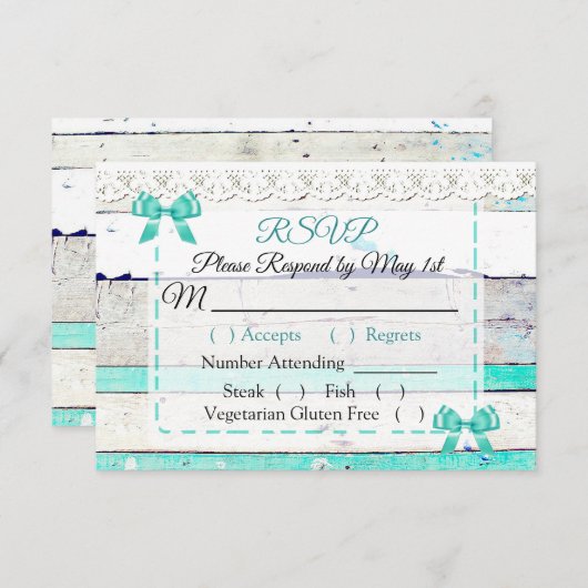 Cartons Réponse Turquoise Turquoise gris rustique mariage en bois  (Devant / Derrière)