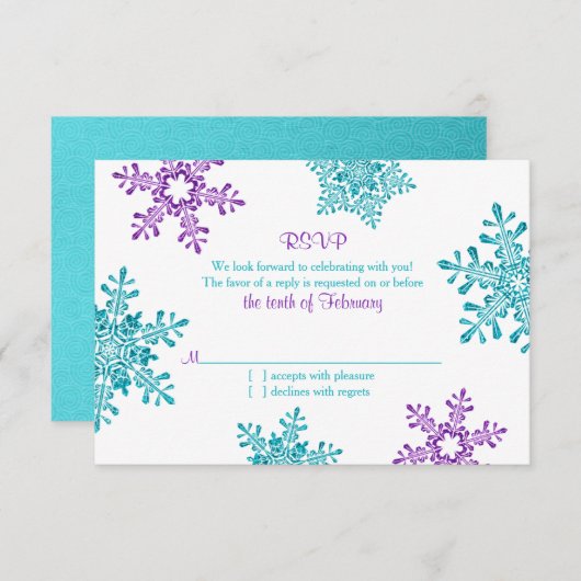 Cartons Réponse Turquoise Violet Flocon de neige Mariage d'hiver R (Devant / Derrière)