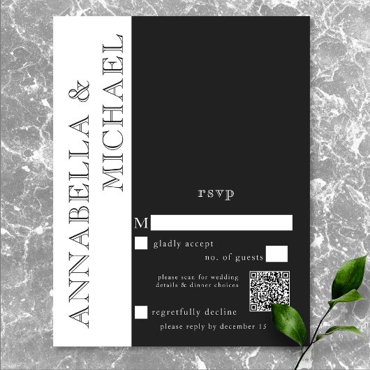 Cartons Réponse Typographie moderne noir blanc Mariage QR