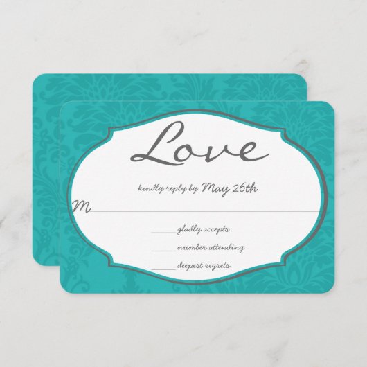 Cartons Réponse Typographie Turquoise Blue Mariage damassé (Devant / Derrière)