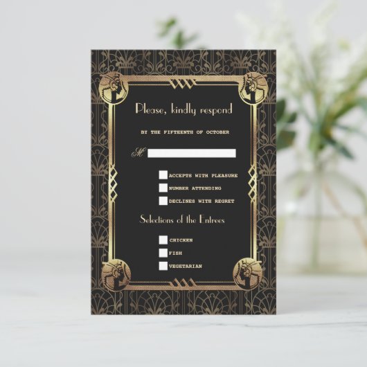 Cartons Réponse Unique Gold Black Great Gatsby Art Déco Mariage (Debout devant)