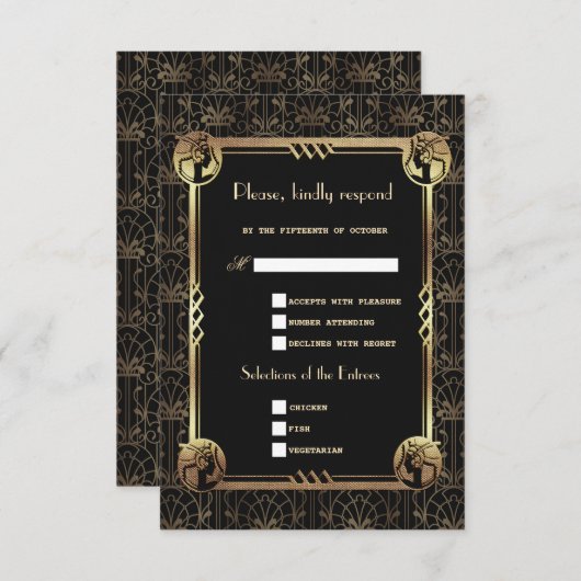 Cartons Réponse Unique Gold Black Great Gatsby Art Déco Mariage (Devant / Derrière)