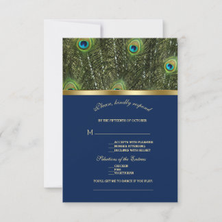 Cartons Réponse Unique Marine Blue Gold Peacock Feaths Mariage